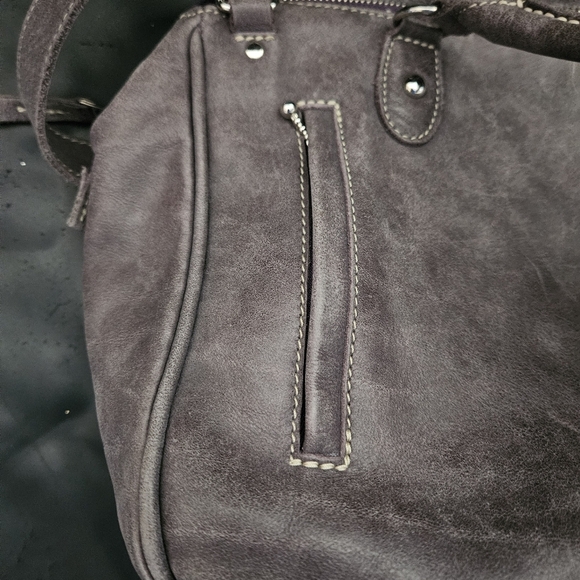 Roots 100% Leather Taupe Stainless Steel Hardware Gray Satchel Handbag Purse - Picture 9 of 16